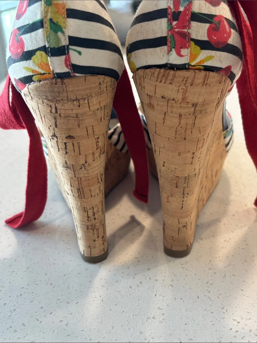 Nine West Floral & Striped Ankle-Tie Cork Wedge Sandals - Women's Size 10
